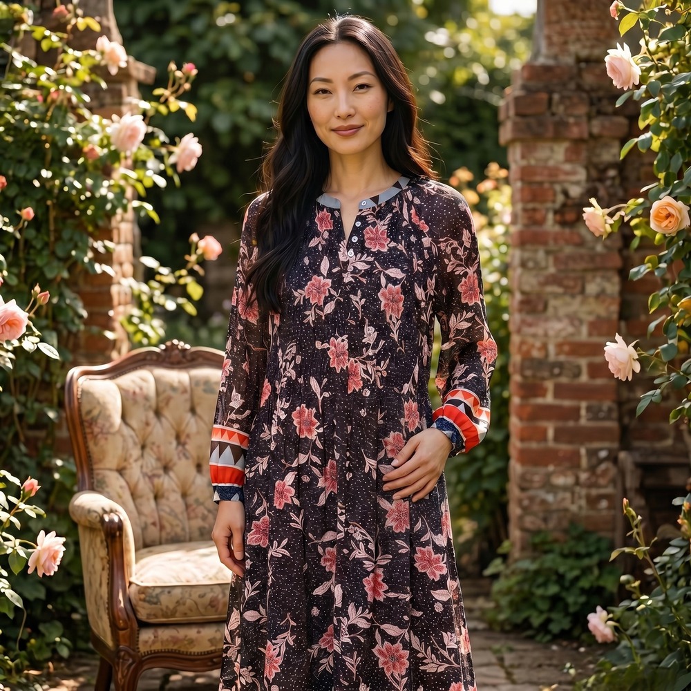 DR2 Floral Mini Dress Womens Small Brown Pink Long Sleeve Pleated Shift Tunic